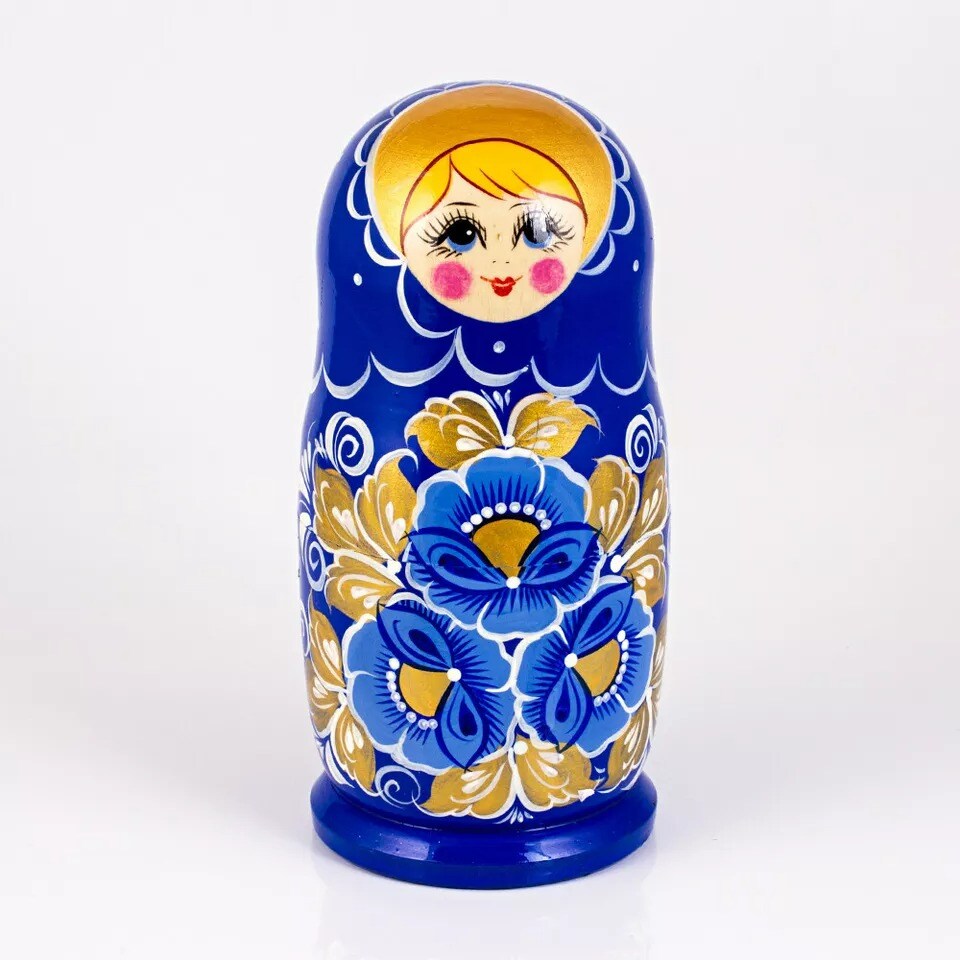 Russian Doll, with Blue Flowers, Handmade 6.5-inch Tall Matryoshkas 5 PCS