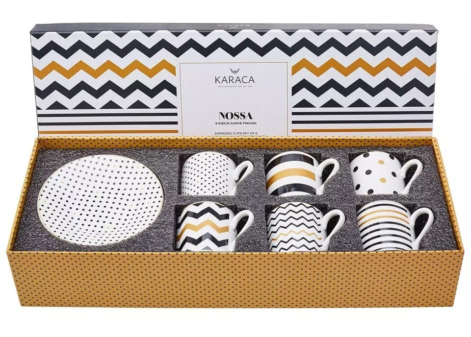 SET OF 6 Karaca Bone China Espresso Cups Saucers Demitasse Set 6x80ml Coffee Cup