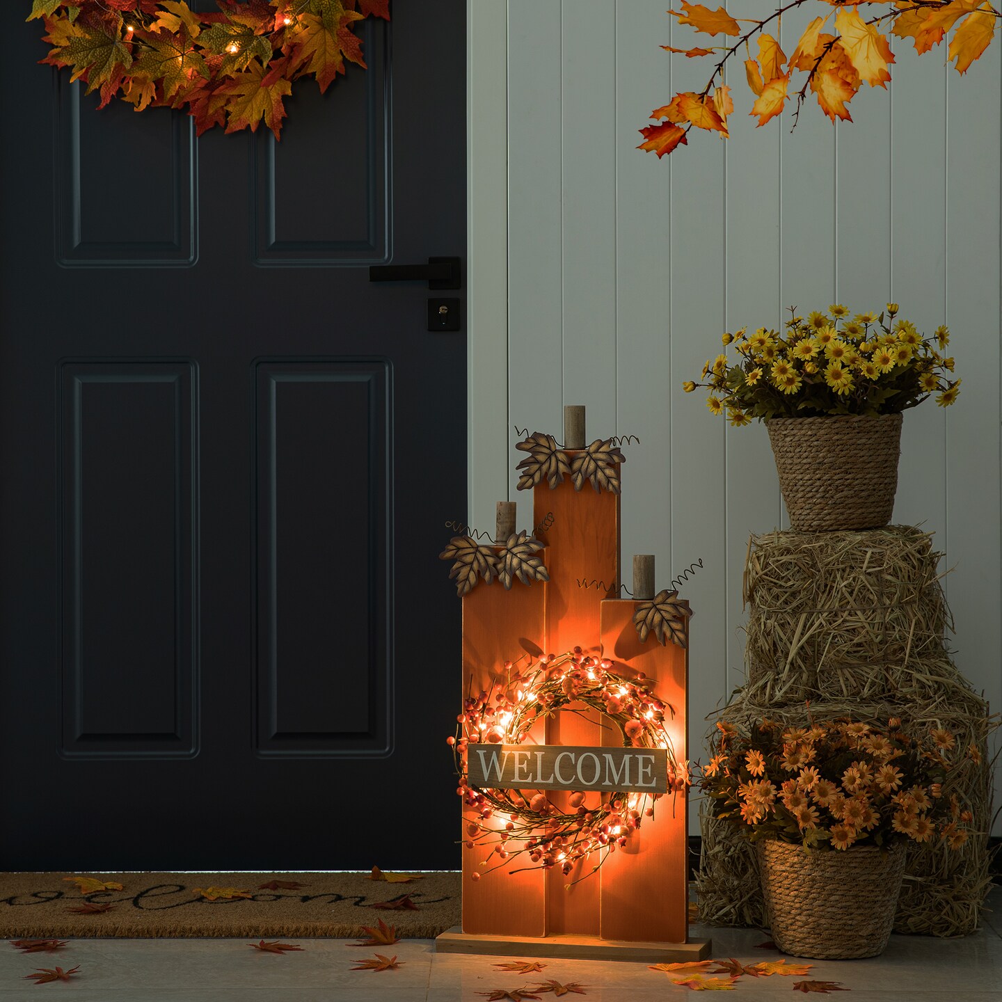 30&#x22;H Fall Lighted Wooden Pumpkin D&#xE9;cor w/Wreath with Timer