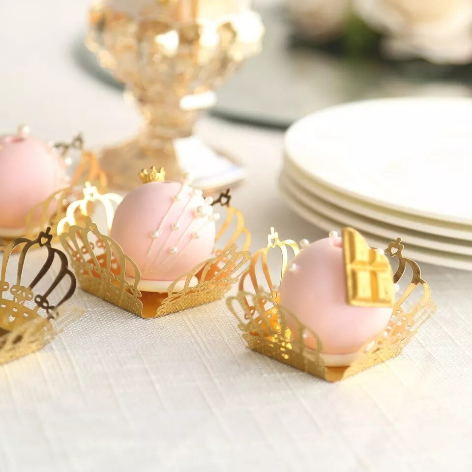 Gold 50 Metallic 4&#x22; Crown Mini Square Paper Cupcake Dessert Liners Party Events