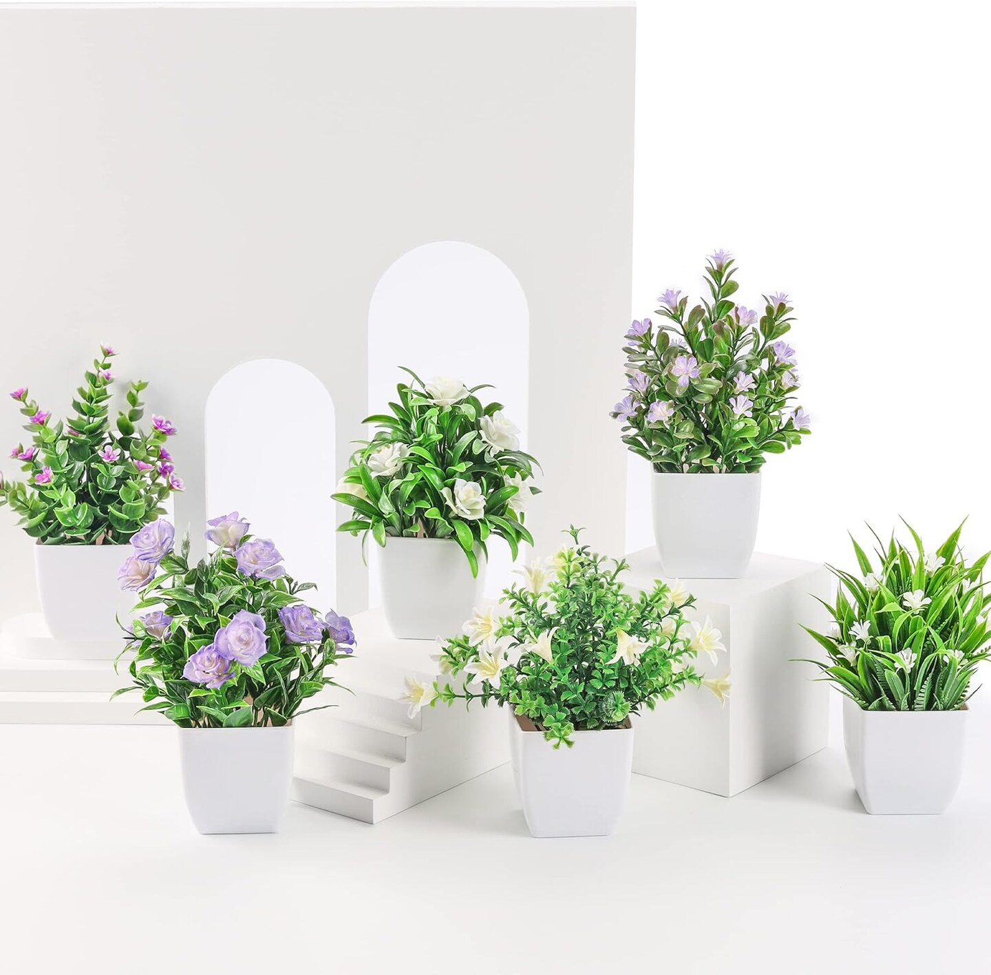 6 Pack Mini Artificial Plants with Flowers – Small Faux Plants for Indoor Home & Farmhouse Decor