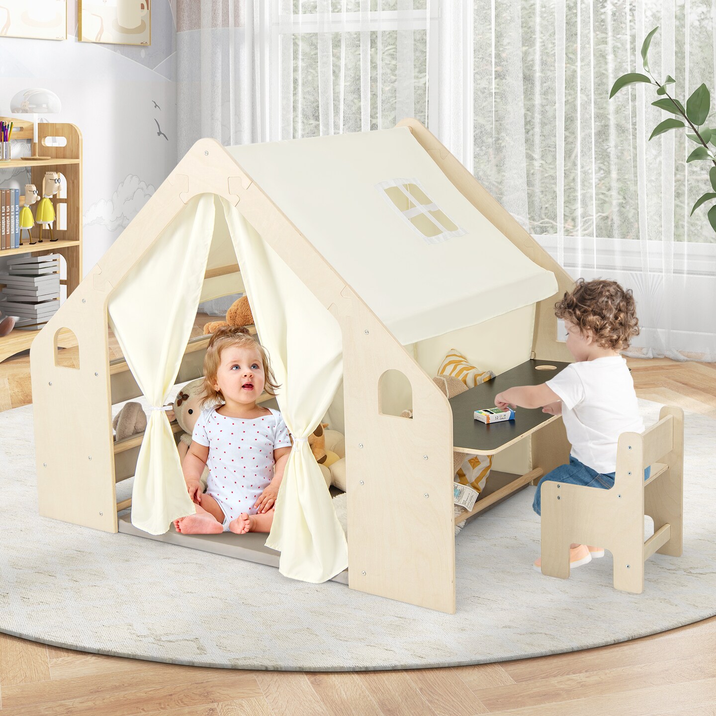 Kids 6-in-1 Playhouse Tent with Blackboard, Storage Bins and Floor Cushion