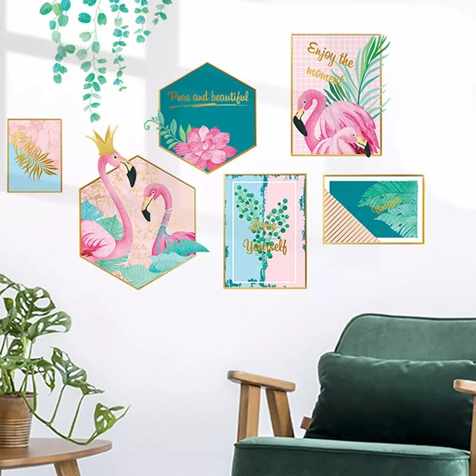 Pink Green Flamingo Frame Wall Stickers Tropical Leaves Removable PVC Dorm Room