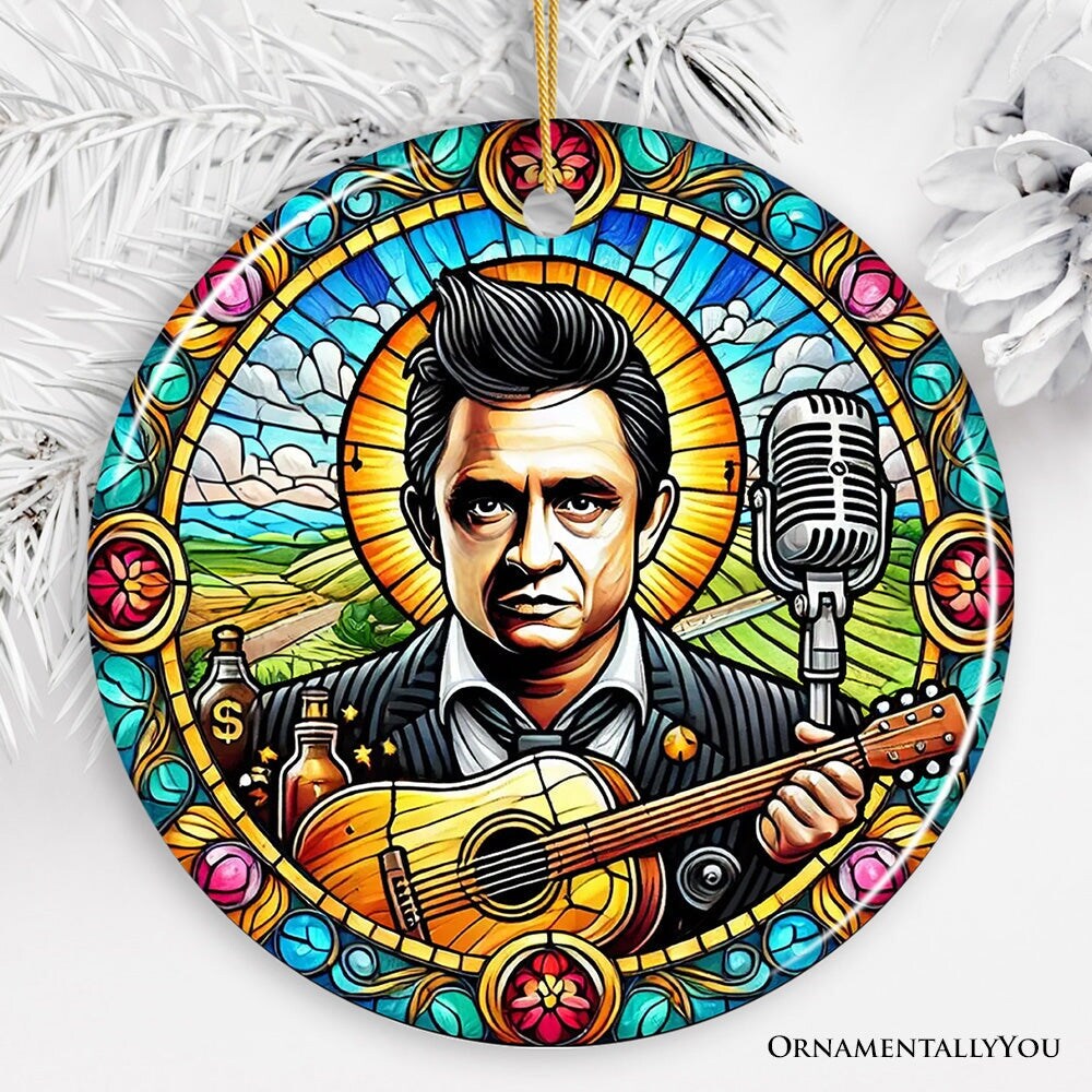 Country Rockin Stained Glass Ceramic Christmas Ornament, Vintage Pop Art and Johnny Cash