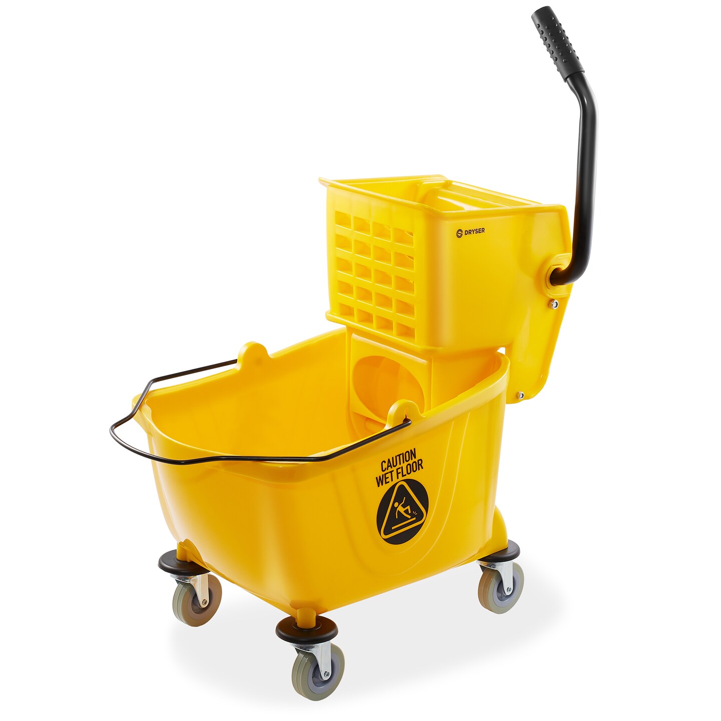 Dryser Commercial Janitorial Cleaning Cart on Wheels with Cover, Shelves and Vinyl Bag & Commercial Mop Bucket with Side Press Wringer, 26 Qt. Yellow