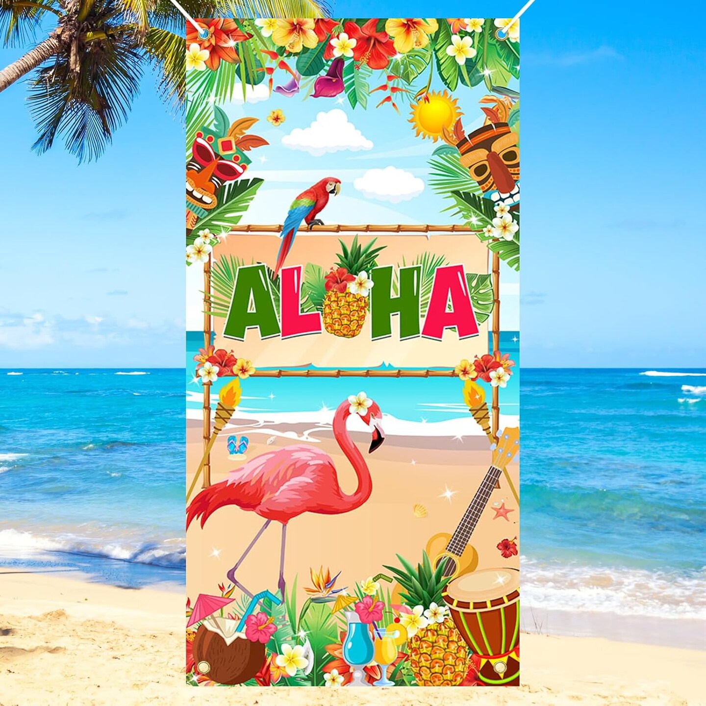 Aloha Door Banner Hawaiian Luau Party Banner Tropical Flamingo Photo Props Aloha Luau Party Supplies Summer Hawaiian Beach Party Decorations