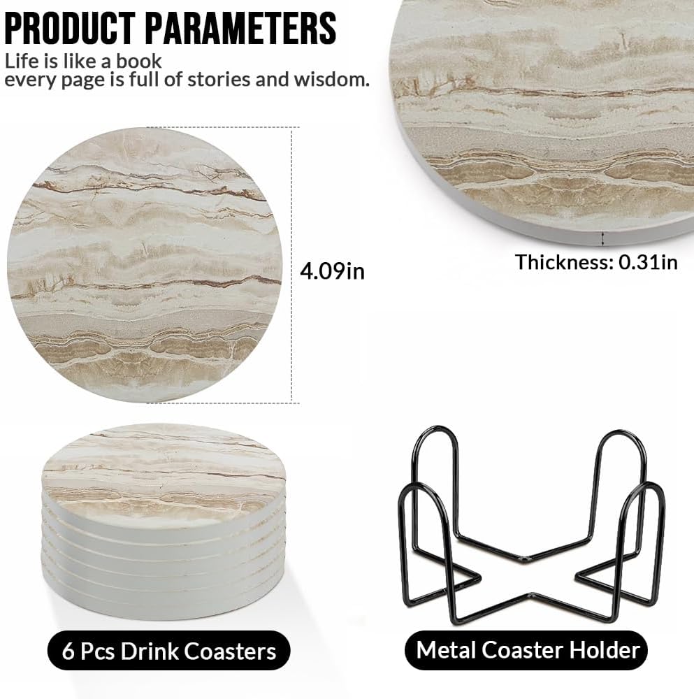 Ceramic Coasters Set of 6, Marble-Textured Design with Holder - Absorbent Cork-Backed Coasters for Cups, Bar &#x26; Coffee Table Decor Accessories (Khaki Marble, 6 Pack)