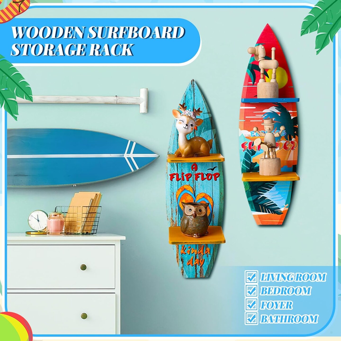 3 Pcs Surfboard Wooden Wall Shelf Surfboard Decor Hanging Sign with Shelf Beach Home Decor Decorative Surfboards for Wall Room Party Tropical Decoration(Summer)
