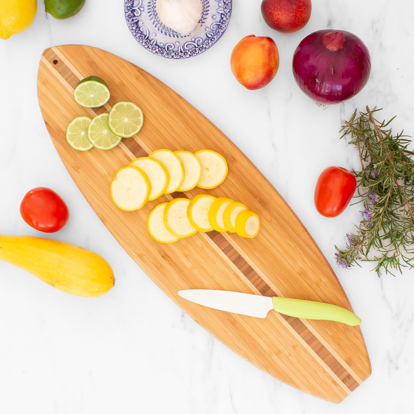 Surfboard Shaped Bamboo Wood Cutting Board and Charcuterie Serving Board, 23&#x22; x 7-1/2&#x22;