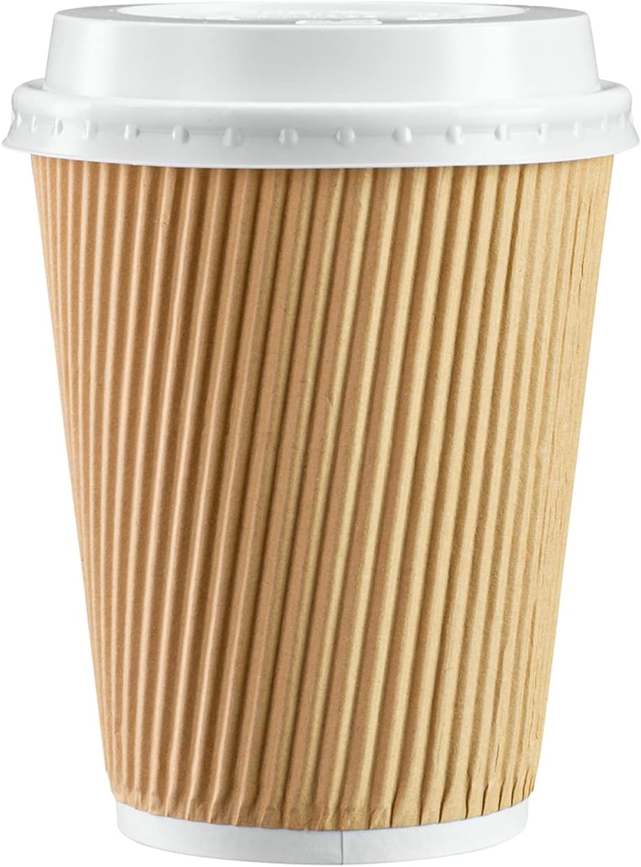 Comfy Package [12 oz. - 50 Sets] Insulated Kraft Ripple Paper Hot Cups, Disposable Coffee Cups With Lids - Ideal for Hot Beverages, Travel, and Office Use
