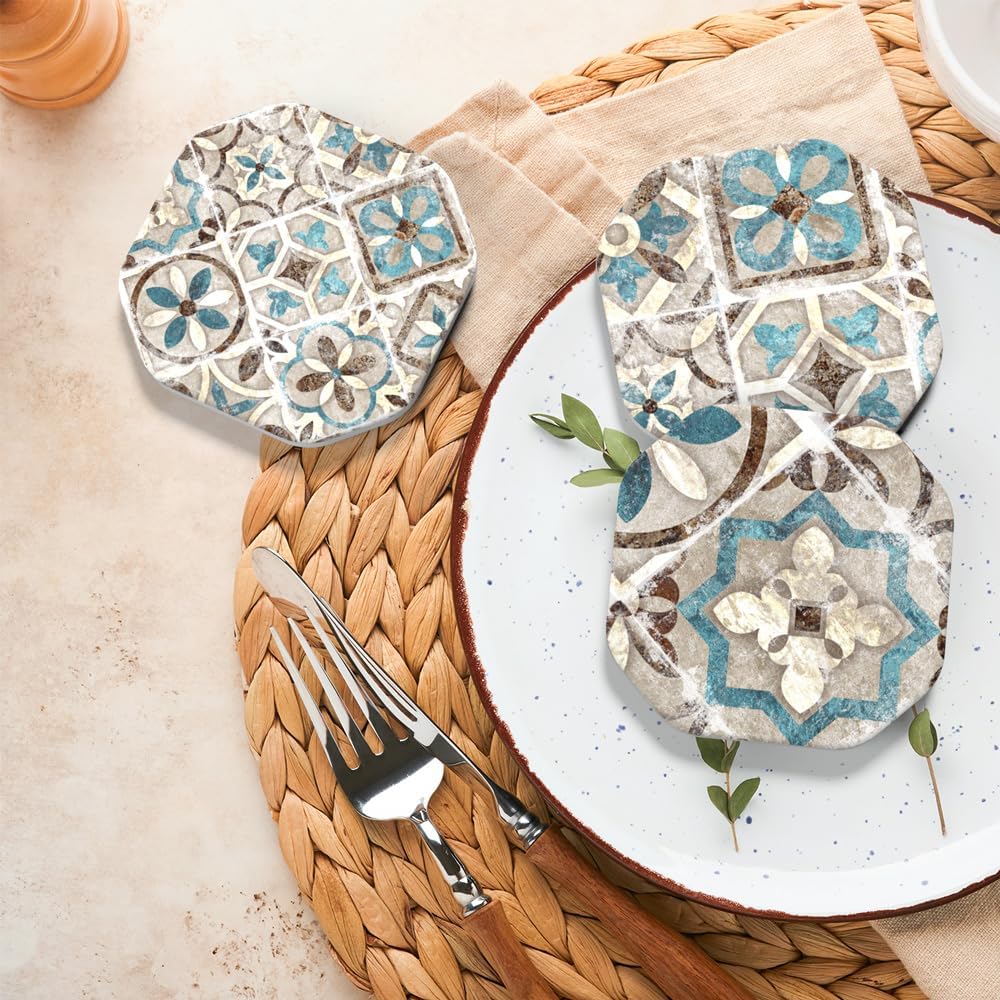 Drinks Coasters for Coffee Table Decor, Rustic Retro Boho Farmhouse Coasters, Absorbent Cup Mats for Wooden Table, Mandala Style, Unique Vintage Tile Design, Brown, 4", Set of 6