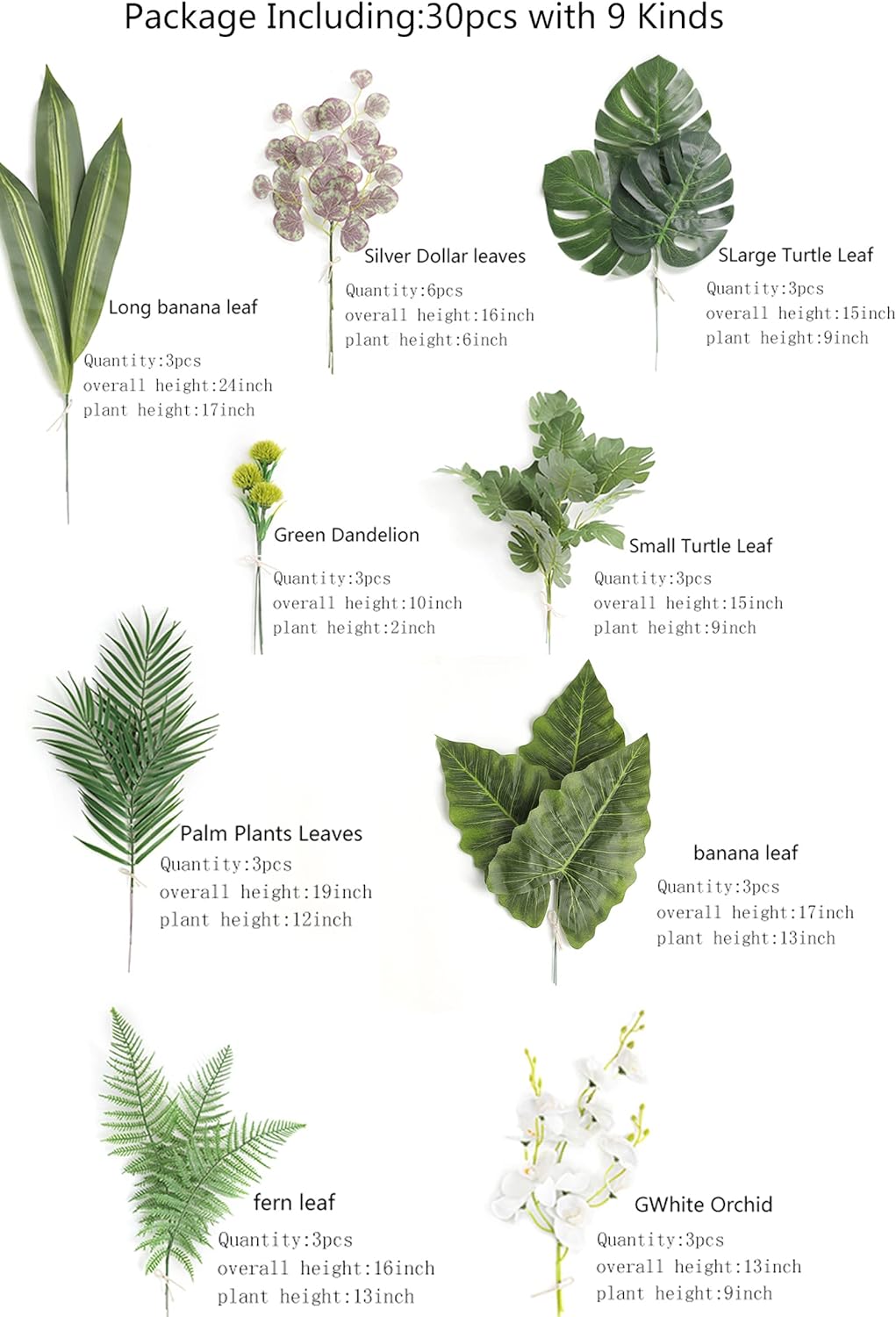 Artificial Greenery Spray Box Set(Pack of 30pcs) with 9 Kinds of Filler for Safari Jungle Hawaiian Luau Party Table Decoration Wedding Birthday Theme Party Decorations (Palm Leaves)