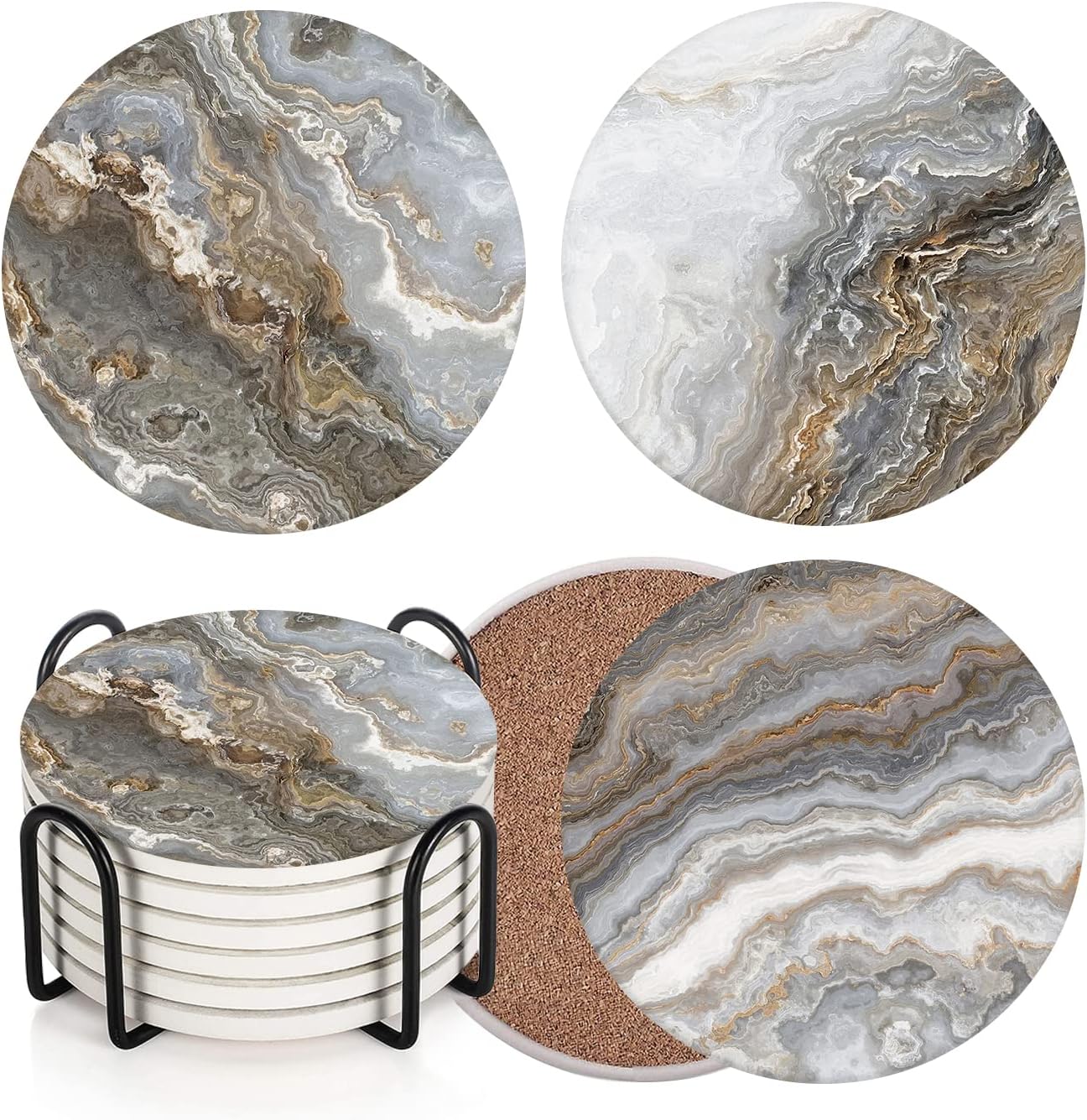Coaster for Drinks Set of 6, Grey Marble Golden Stone Agate Table Absorbent Round Ceramic Stone Mat, with Cork Base and Metal Holder, Gift for Housewarming Room Bar Decor