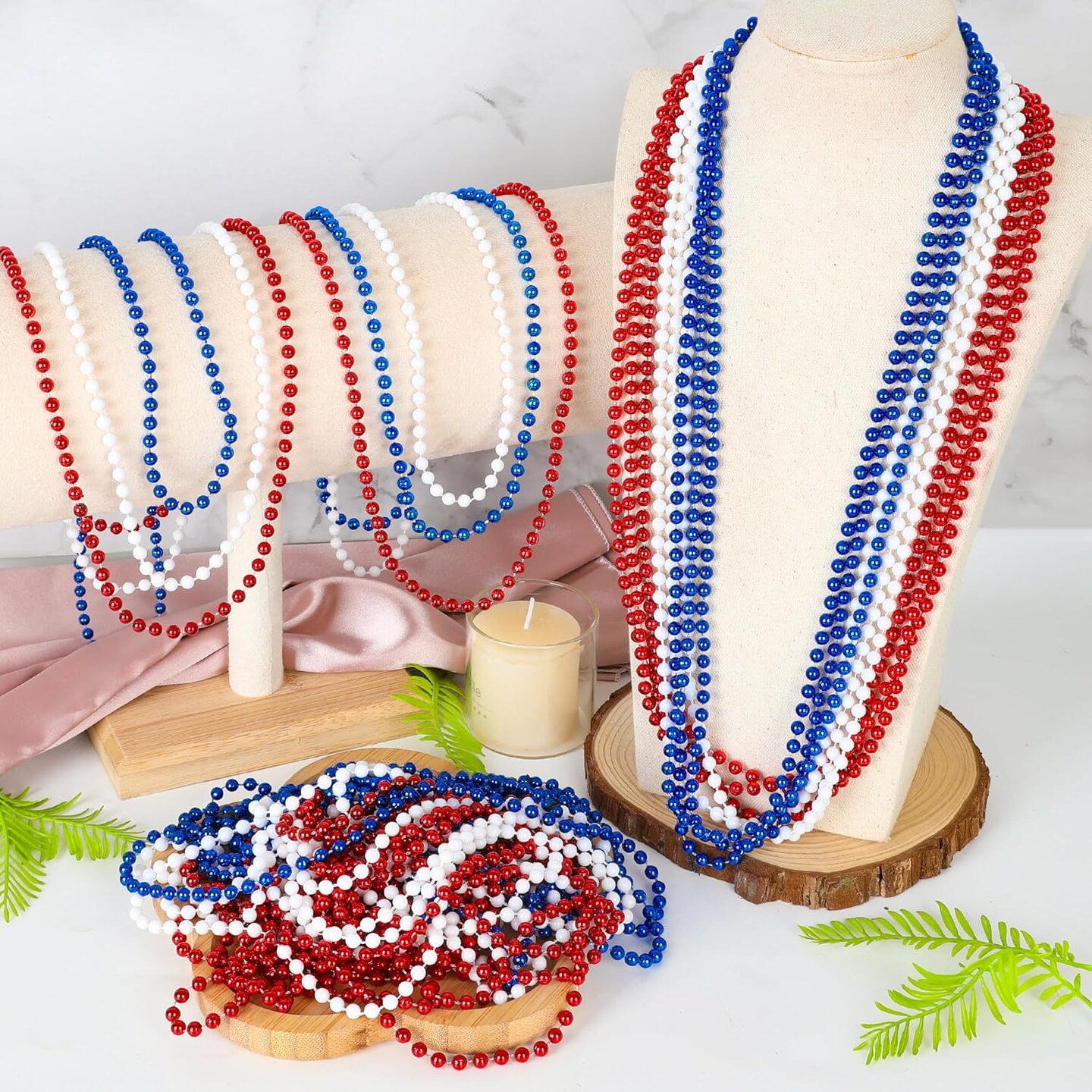 24 PCS Fourth of July Beaded Necklaces, 33" Red White Beads Necklaces Bulk, Independence Day Beads, Patriotic Parade Throw Accessories Set for 4th of July Party Decorations Favors Supplies