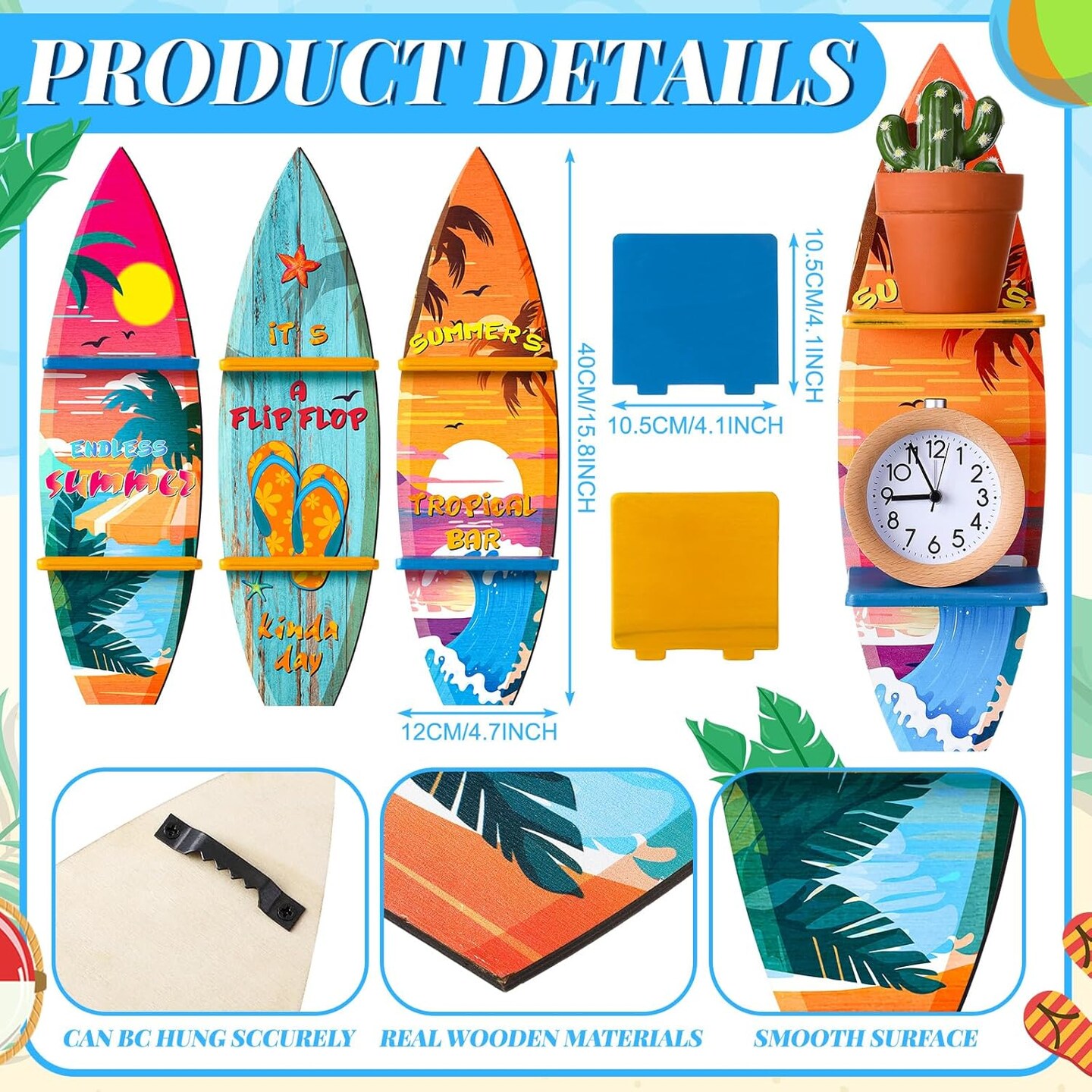 3 Pcs Surfboard Wooden Wall Shelf Surfboard Decor Hanging Sign with Shelf Beach Home Decor Decorative Surfboards for Wall Room Party Tropical Decoration(Summer)