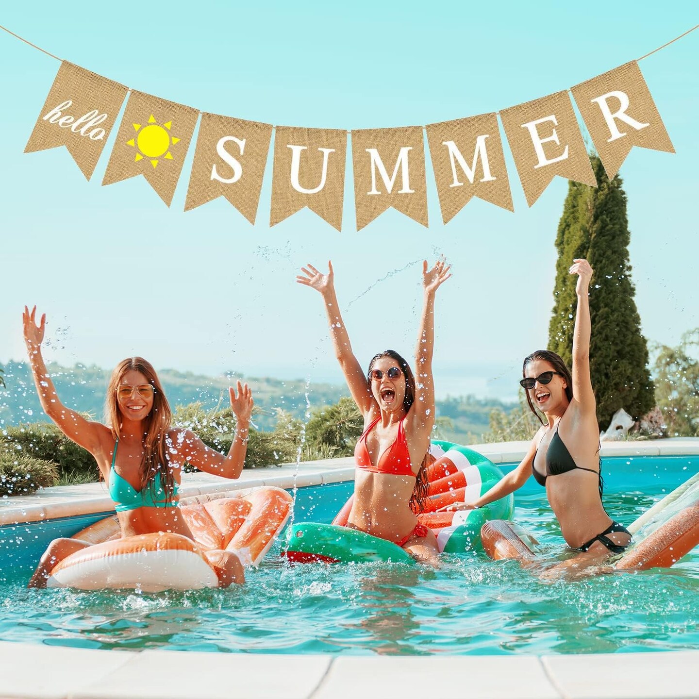 Hello Summer Burlap Banner with Sunshine Rustic Bunting Garland for Camp Pool Beach Barbecue Hawaiian Summer Party Decorations