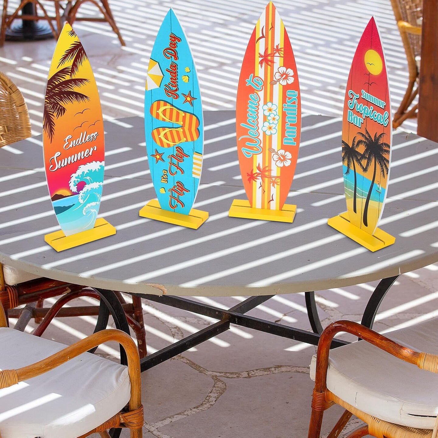 8 Pcs Surfboard Table Centerpieces - 12.6x3.66 Inch Wooden Beach Signs - "Welcome to Paradise" and "Endless Summer" Tropical Tiki Bar Table Decorations for Hawaiian Luau and Surf Theme Party Decor