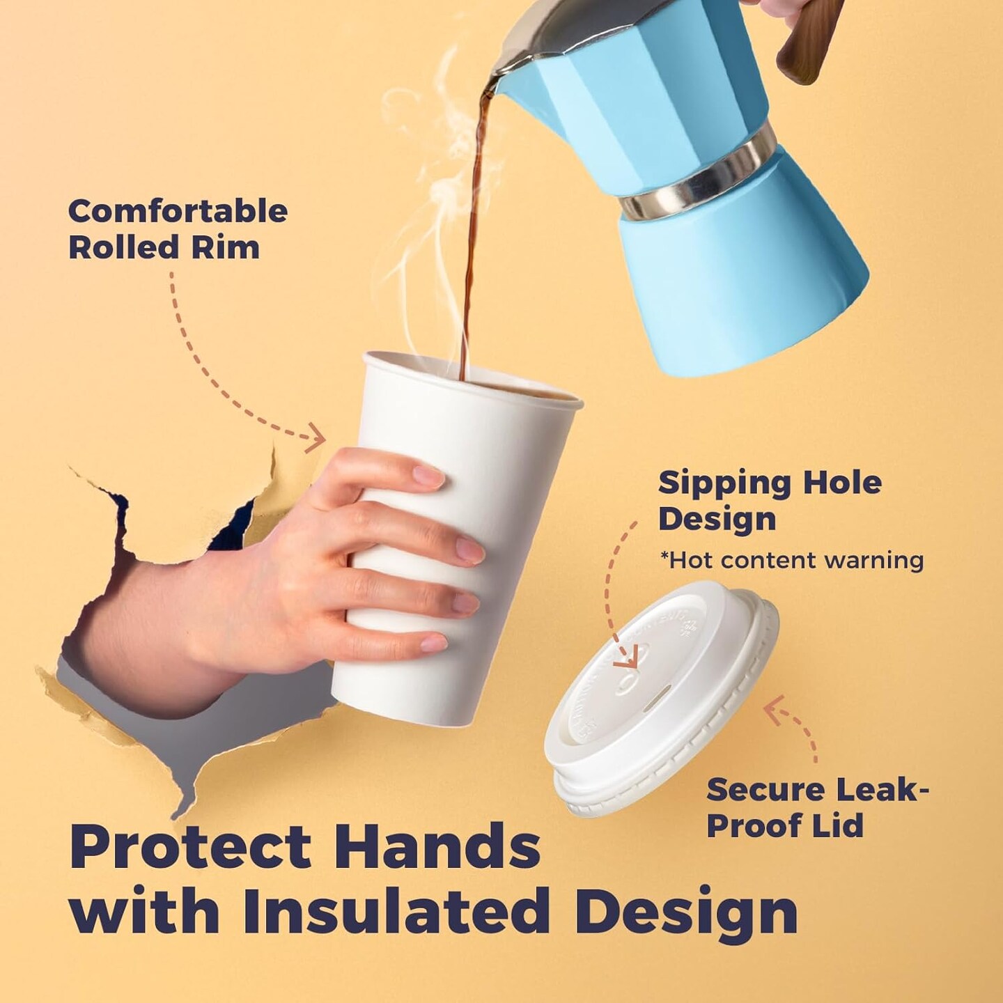 100 Pack 8 oz Disposable Coffee Cups with Lids, Premium Paper To Go Cups for Hot/Cold Beverages, Leak Proof Travel Cups for Cold/Hot Beverage, Office (White Lids)