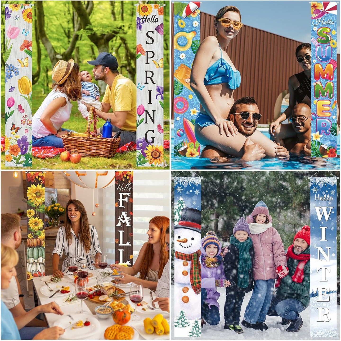 4 Pcs Seasonal Door Banner Welcome Spring Summer Fall Winter Door Banner Porch Sign Seasonal Party Decorations For Yard Indoor Outdoor Decorations 11.8 x 70.9 in