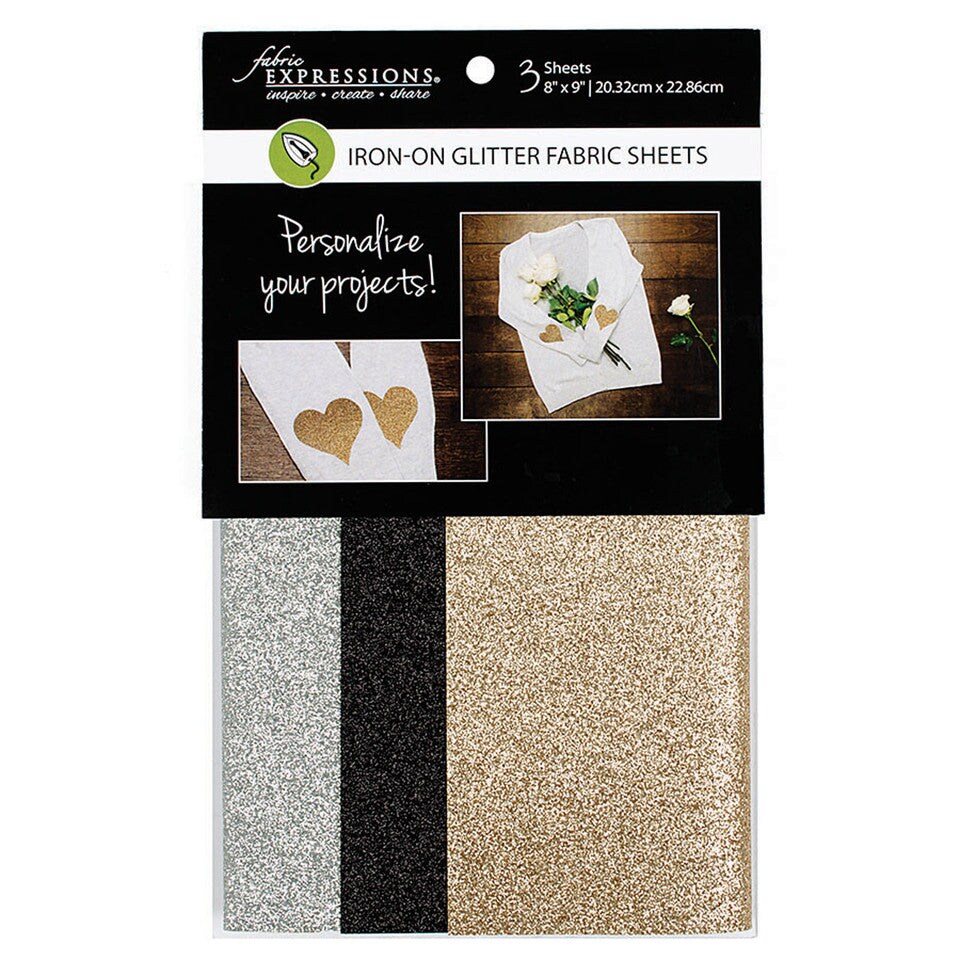 Fabric Expressions Iron on Glitter Fabric Sheet Gold Silver Black 8"x9" Pack of 3