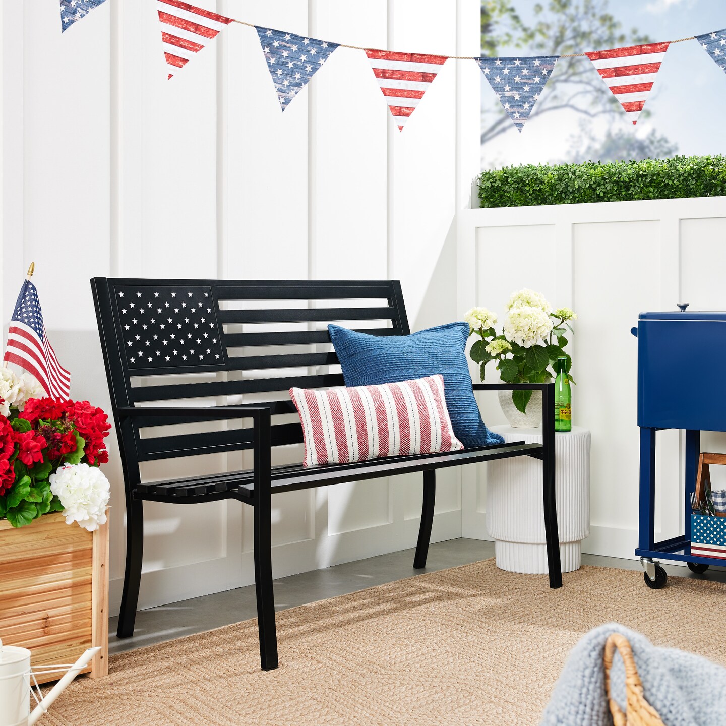 Best Choice Products Indoor Outdoor Steel Garden Bench w/ American Flag Backrest, 790lb Capacity