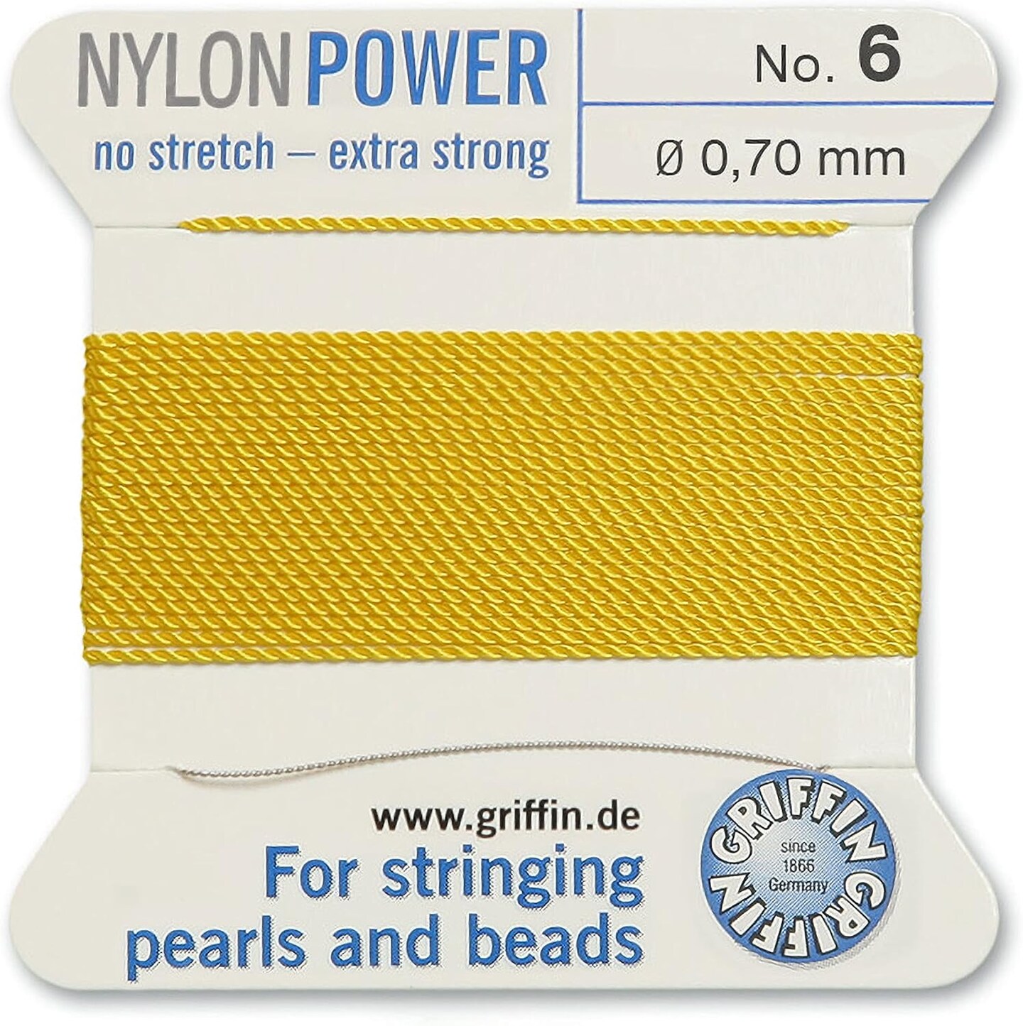 Griffin Nylon Bead Cord Perlseide – Size 6 (0.70mm) – 2 Meters per Card – Stainless Steel Needle Attached – for Knotting Pearls, Gemstones, Crystals and Beads
