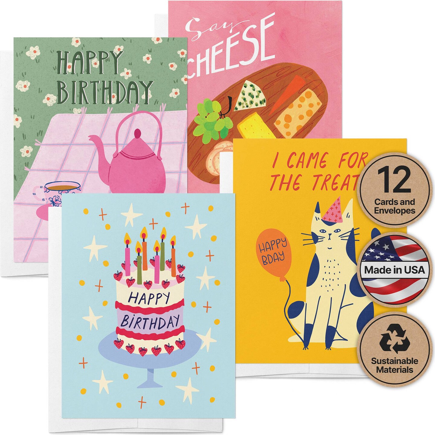 Twigs Paper - Artful Birthdays Illustrated Birthday Card 12-Count - Artistic Birthday Greeting Cards with Envelopes - Colorful Birthday Stationery - Eco-Friendly Recycled Paper - Made in USA (5.5 x 4.25)