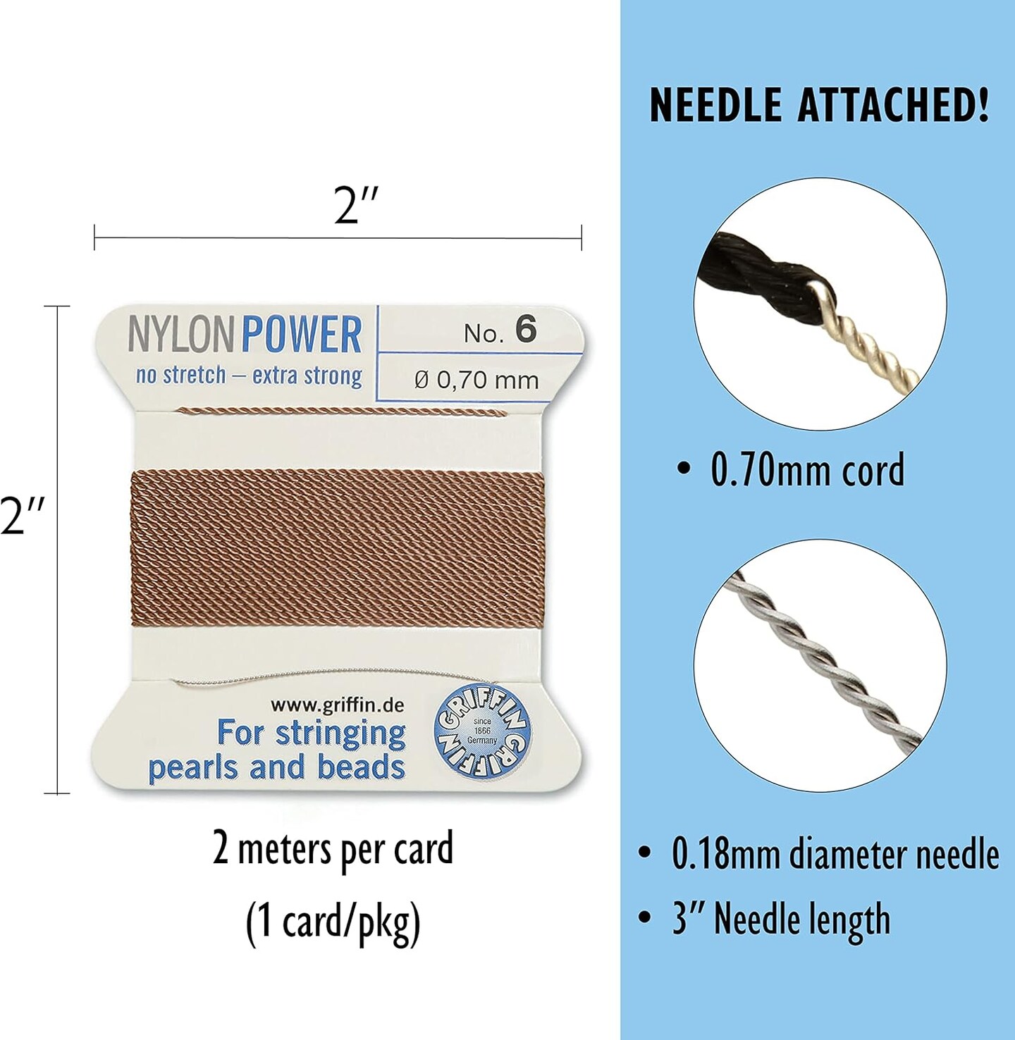 Griffin Nylon Bead Cord Perlseide – Size 6 (0.70mm) – 2 Meters per Card – Stainless Steel Needle Attached – for Knotting Pearls, Gemstones, Crystals and Beads