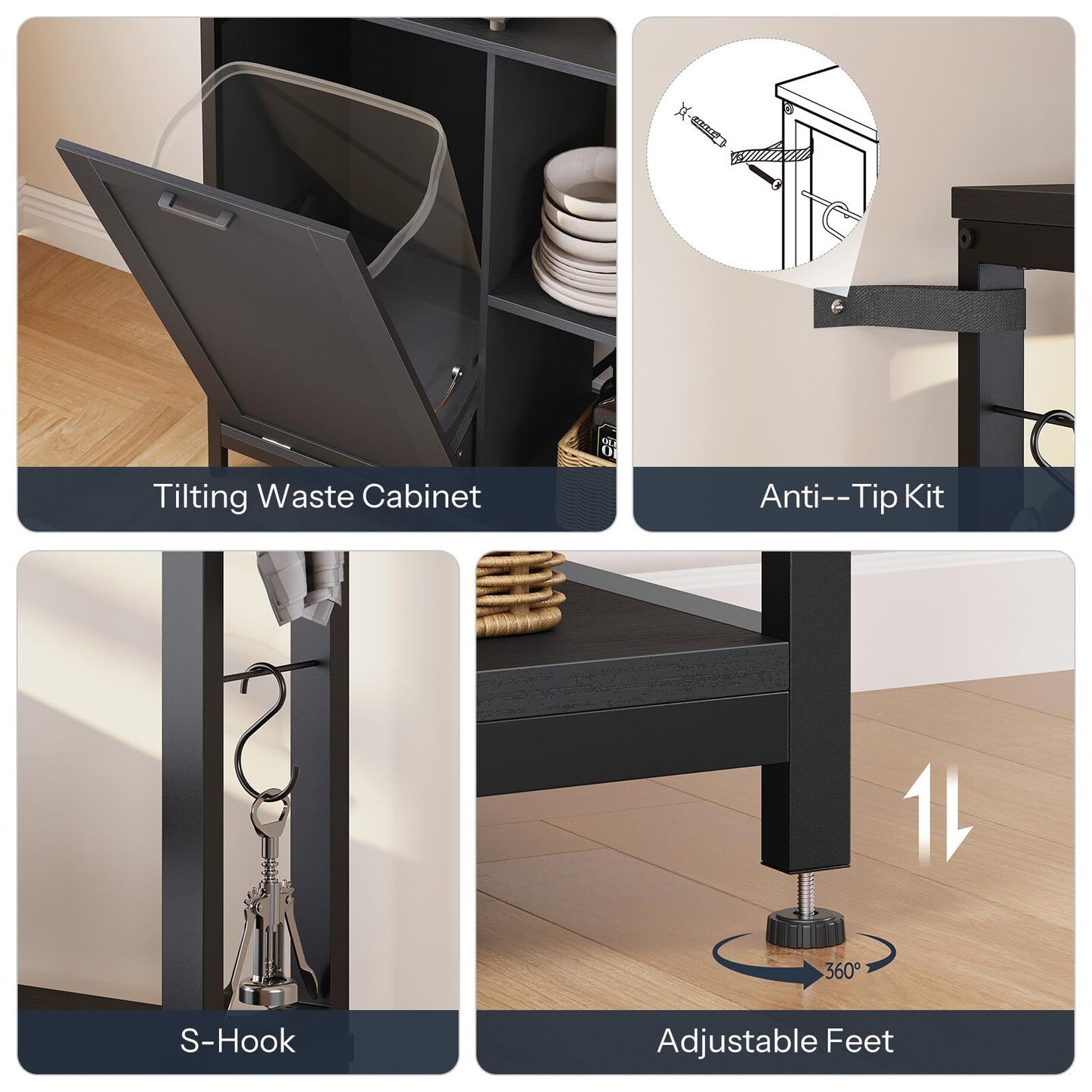 Black Bakers Rack with Power Outlet Trash Can Storage 5-Tier Kitchen Shelf