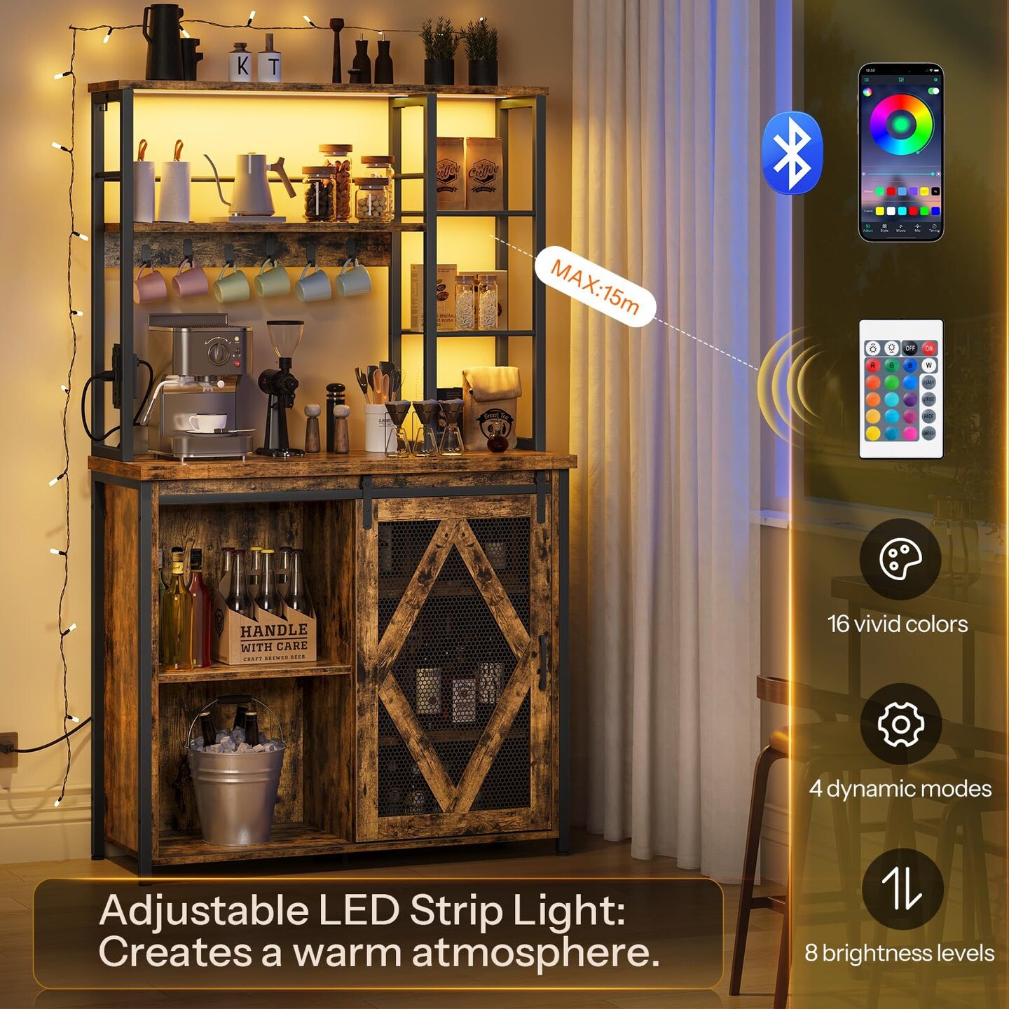 Brown Bakers Rack with Power Outlet Multi-Tier Storage LED Light Kitchen Rack