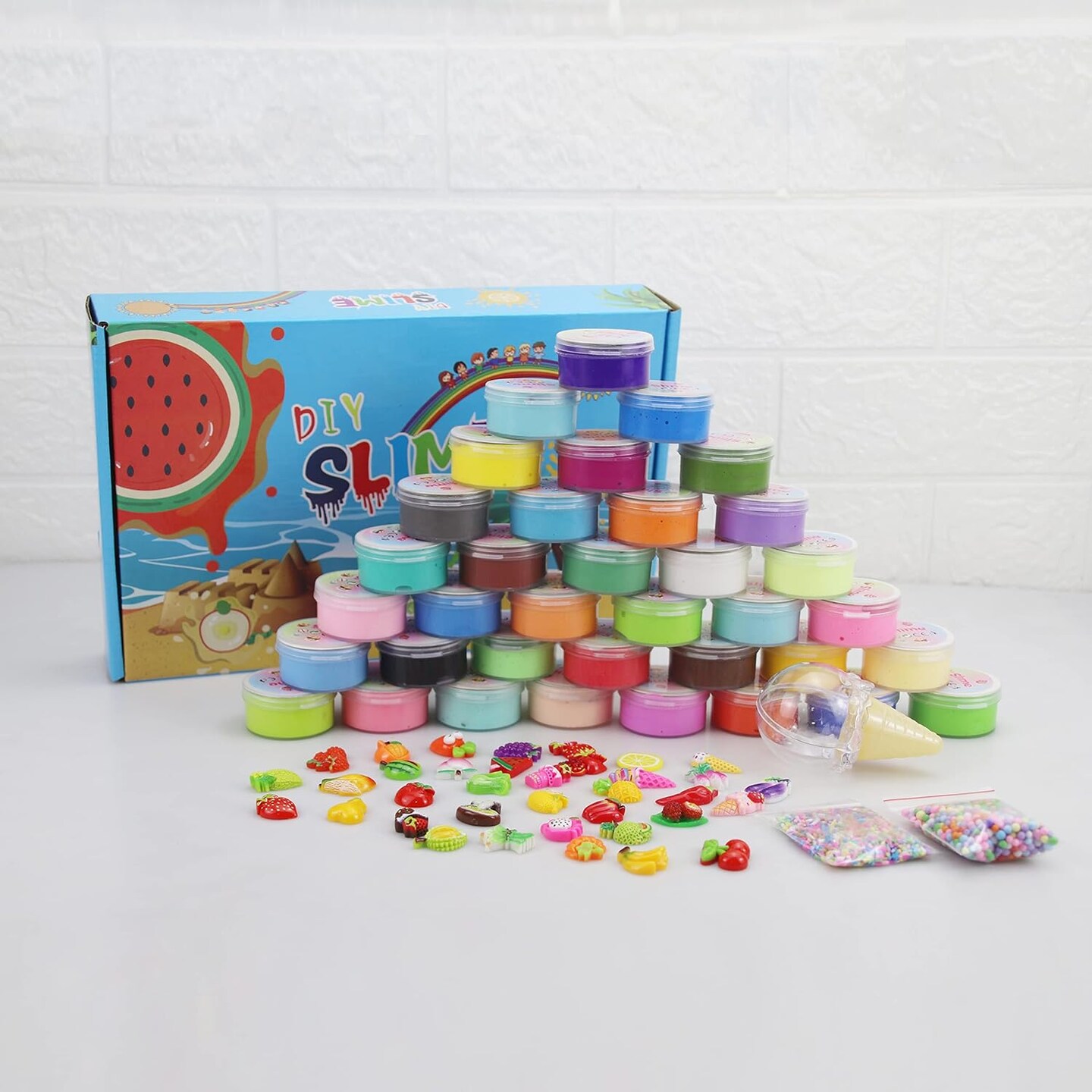 36 Pack Mini Butter Slime Kit with Fruits Charms (36 Colors)