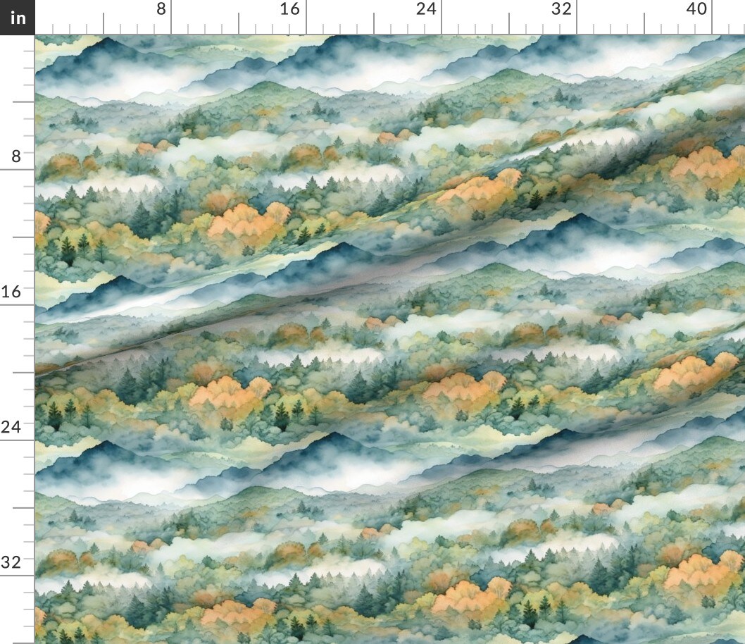 Mountain Landscape Watercolor Nature Smoky Mountains Trees Fall National Park Green Custom Printed Fabric by Spoonflower Various Fabrics by the Yard or Fat Quarter 15145956