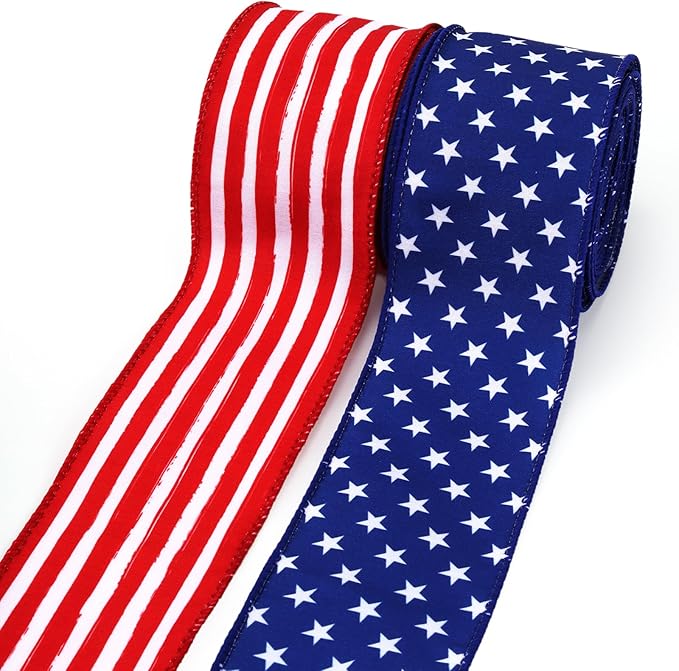 Patriotic Ribbon Wired 2 Rolls 2.5 Inch x 12 Yards TTL, 250th Anniversary, 4th of July American Flag Ribbon for Independence Memorial Day Gift Wrapping DIY Crafts