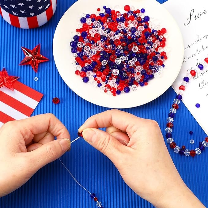 Patriotic Crystal Beads, 1000PCS Red White Blue Bead for Jewelry Making, 4th of July American Patriotic Glass Beads 4/6/8 mm Craft Beads for Independence Day Bracelets Necklace Earrings