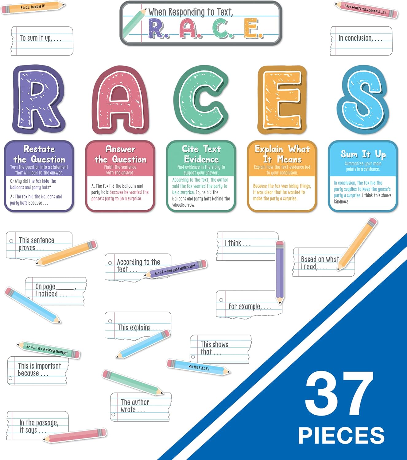 37-Piece Races Writing Process Bulletin Board (Green, Purple, Blue)