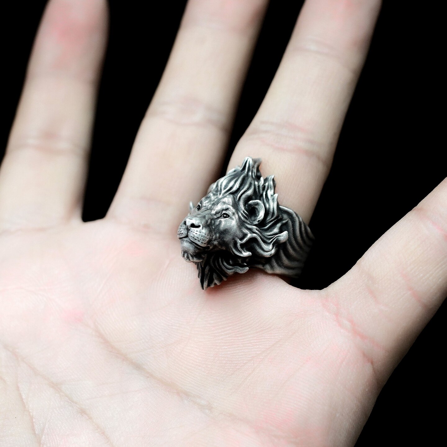 Green Eyed Lion 925 Silver Ring - Gemstone Lion Ring - Lifelike