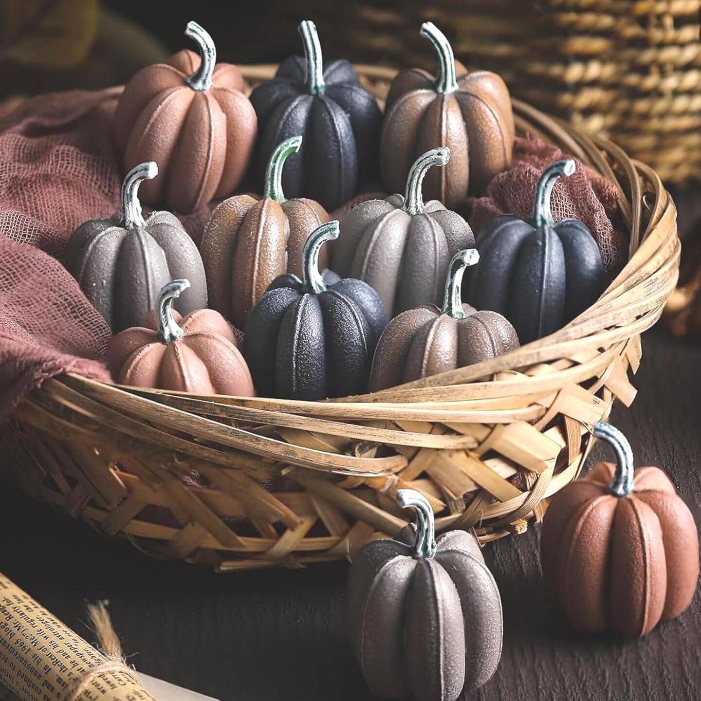12 Pcs Neutral Rustic Fall Pumpkin Decor, Mini Resin Pumpkins for