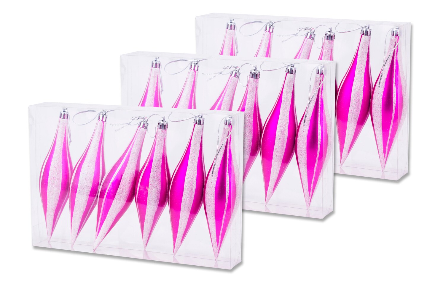18 Pack 5.5&#x22; Hot Pink Finial Ornament with White Glitter Stripes