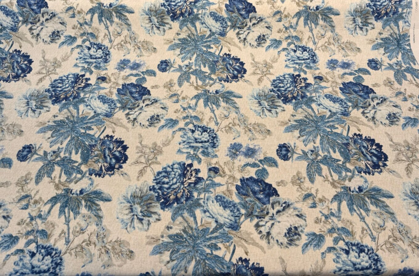 1 Yard Daphne Blue Luna Floral Cotton Linen Fabric for Upholstery and Drapery 54 Inches Wide