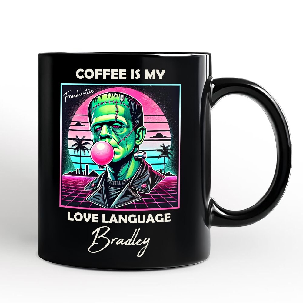 Vaperwave Frankenstein Retro Neon Horror Mug, Synthwave 80's Styled Classic Halloween Gift