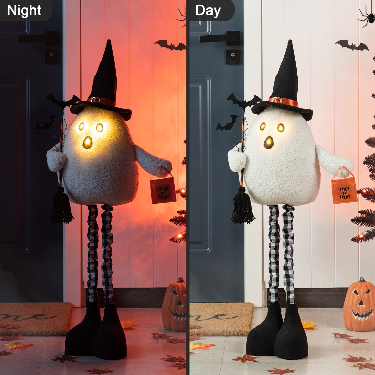 Set of 2 38"H Lighted Halloween Fabric Ghost Standing Decor, With Telescoping Legs and Timer