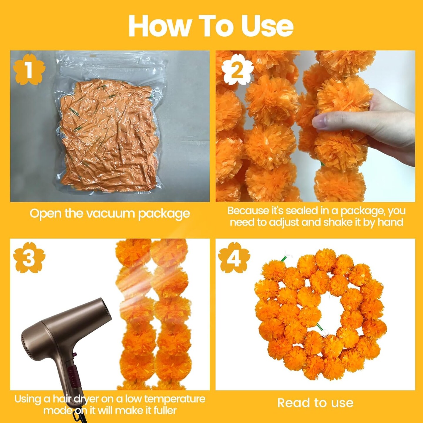 4 Pcs Artificial Long Marigold Garland - 5 Feet (Orange)