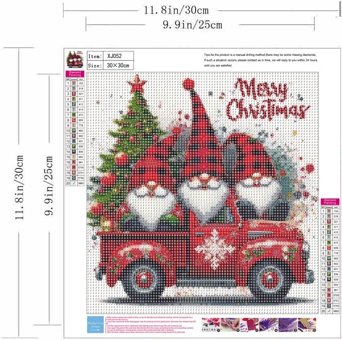 Merry Christmas Diamond Painting Kit for Adults – Red Car Gnomes 5D Full Round Drill Diamond Art, DIY Crystal Rhinestone Gem Craft for Beginners, Home Wall Decor & Gifts 12x12 Inch