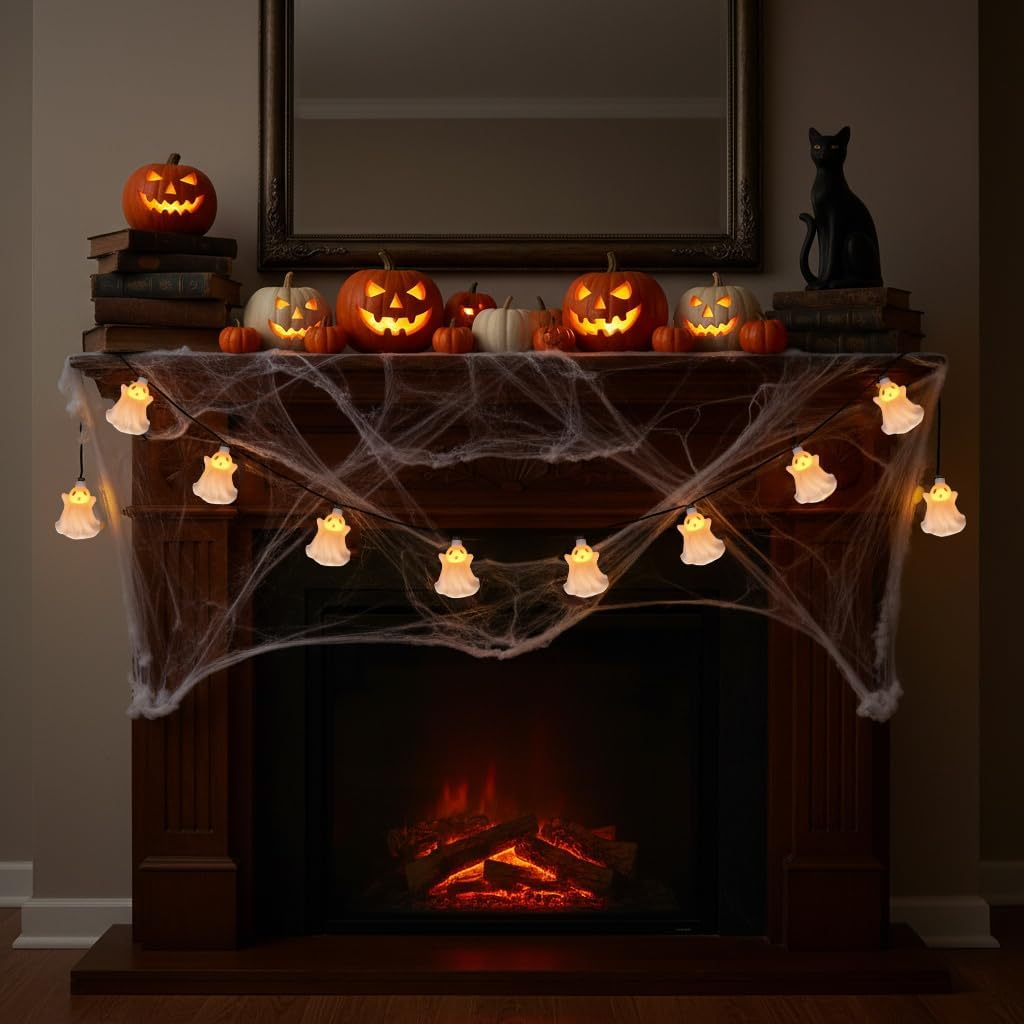 8.5ft 10 White Ghost Lights Waterproof Halloween Decoration String Lights(Ghost String Lights)