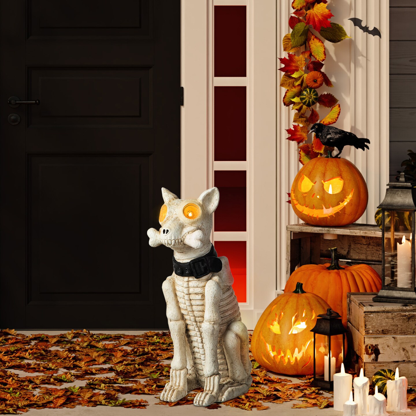 Set of 2 20.50&#x27;&#x27;H Ligted Halloween Lighted MGO Skeleton Dog Porch Decor with Timer