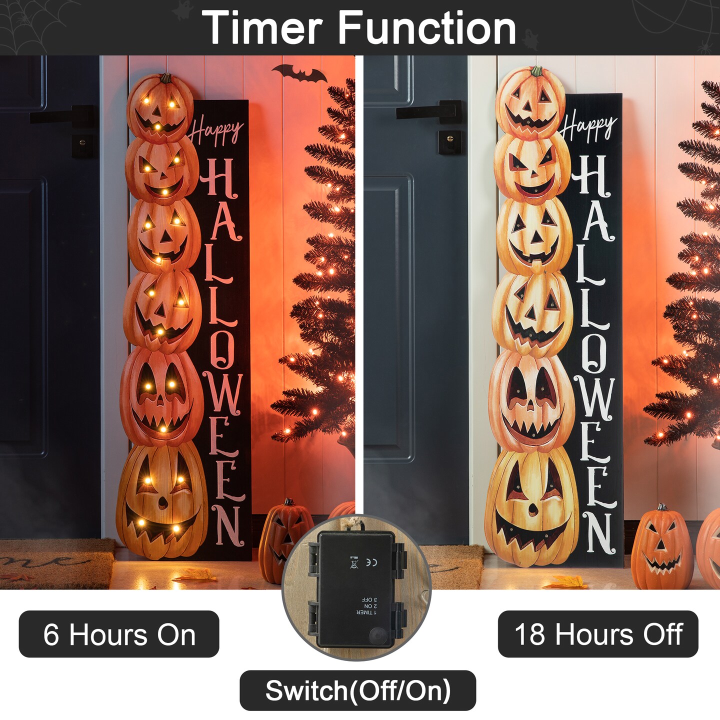 Set of 6 42&#x22;H Lighted Halloween Wooden Stacked Pumpkins Porch Sign with Timer