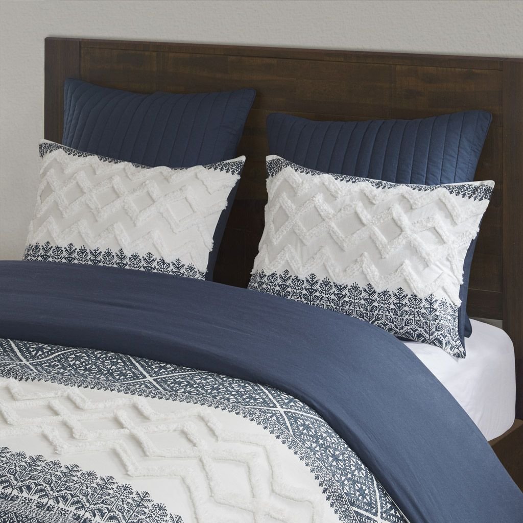 Edge Collections - 20" X 18" - Blue - INK+IVY Full/Queen Navy Cotton Comforter Set with Chenille Tufting - 3 Piece