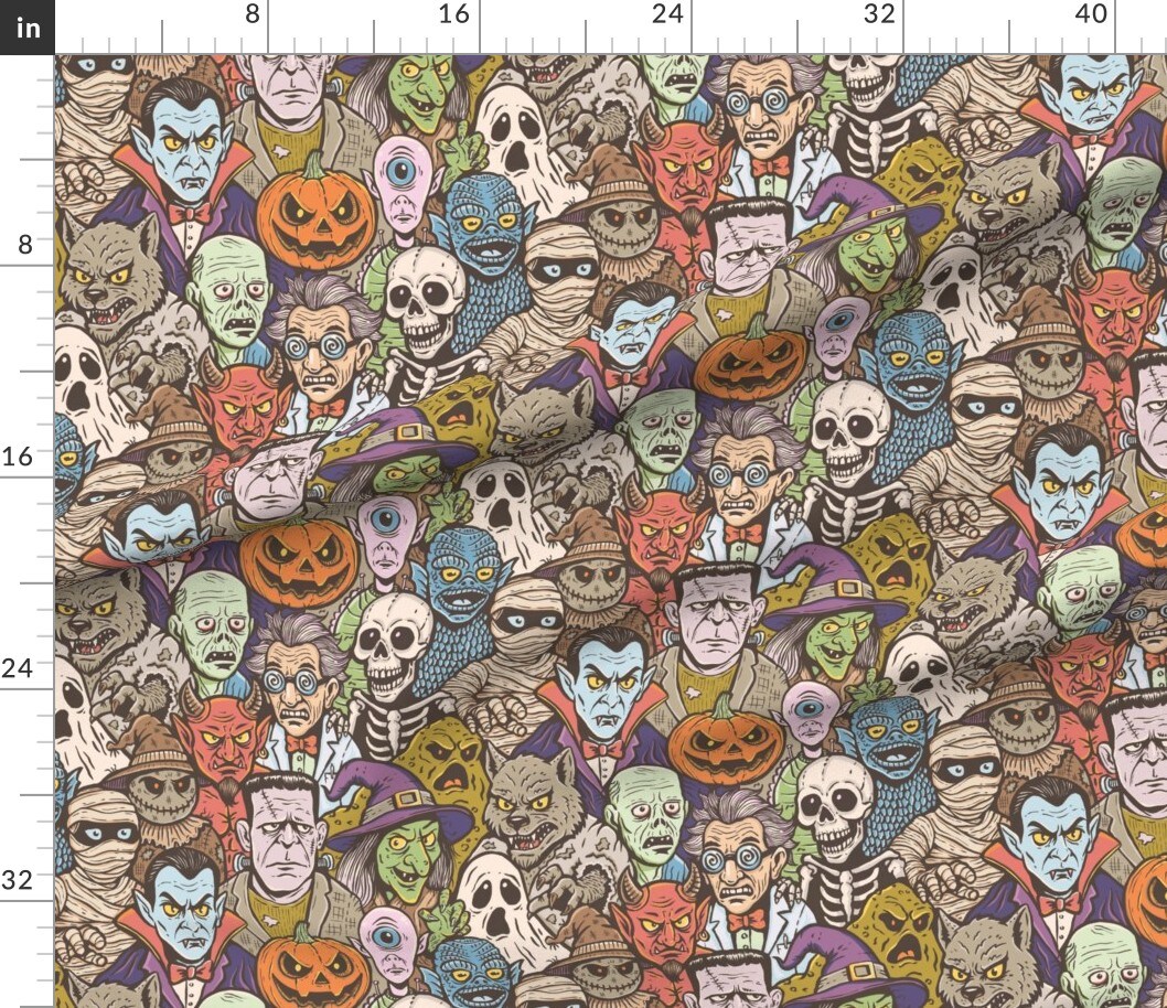 Retro Monster Skeleton Witch Zombie Ghost Vampire Werewolf Mummy Custom Printed Fabric by Spoonflower Various Fabrics by the Yard or Fat Quarter