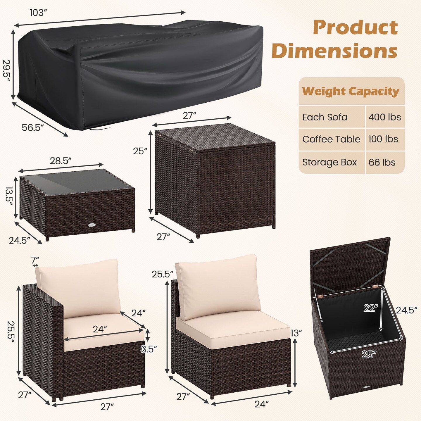 Costway 8 PCS Patio Furniture Set with Storage Box & Tempered Glass Coffee Table Beige