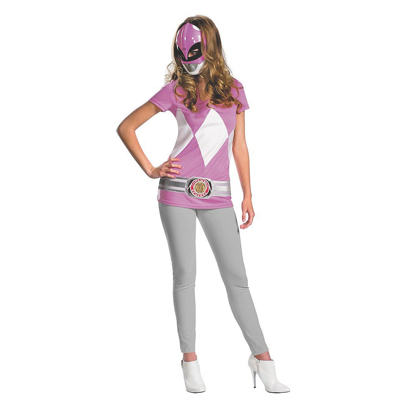 Women&#x27;s Pink Power Ranger Costume Printed Shirt With Character Mask